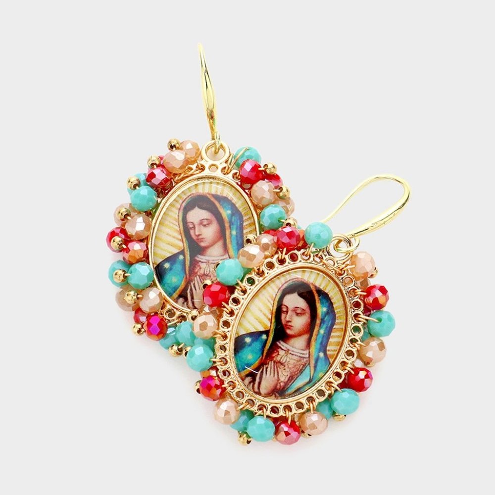 Virgin Mary Cross Beaded Cluster Earrings, Religious Earrings
